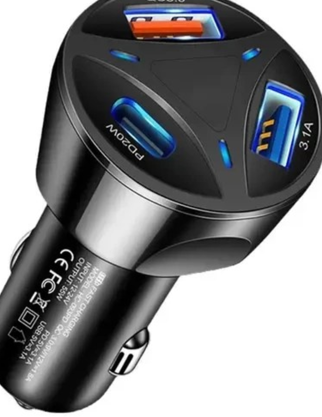 شارژر فندکی ۳ پورت ۵۵ وات فست شارژ QC3 با دو خروجی USB و یک خروجی PD
