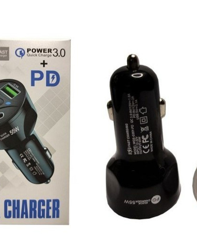 شارژر فندکی ۳ پورت ۵۵ وات فست شارژ QC3 با دو خروجی USB و یک خروجی PD