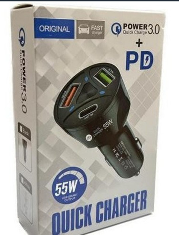 شارژر فندکی ۳ پورت ۵۵ وات فست شارژ QC3 با دو خروجی USB و یک خروجی PD